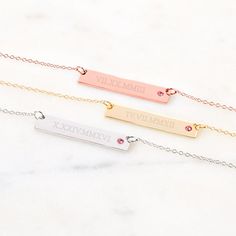 This Roman Numeral Gold Birthstone Bar Necklace is the perfect way to commemorate weddings  anniversaries or birthdays. The petite gold plated sterling silver bar measures 1 1/4" by 1/4" and comes on a 16" rolo chain with a 2" extender. Choose your date to be engraved in roman numerals on this stylish bar necklace and add a birthstone. Mix and match with other sterling silver styles to represent your special day. Coordinates Jewelry, Coordinates Bracelet, Family Tree Necklace, Gold Bar Necklace, Monogram Jewelry, Silver Bar, Cz Stud Earrings, Roman Numeral, Engraved Jewelry