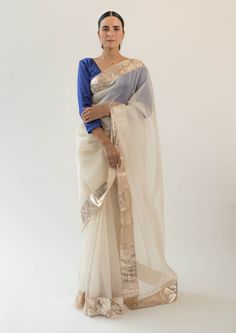 Kapardara-Pearl White Silk Organza Sari-INDIASPOPUP.COM Organza Embroidery, Lace Saree, Border Saree, Saree For Women, Silver Silk, Aari Embroidery, Ivory Silk, Pattern Embroidery, Organza Saree