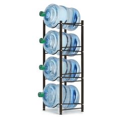 a metal rack with water bottles on it