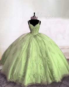 Quinceanera Dresses Lime Green, Lime Green Quinceanera Dresses, Light Green Quinceanera Dresses, Sage Green Quinceanera Dresses, Princess And The Frog Quince, A Line Formal Dress, Princess Sweet 16, Green Ball Gown