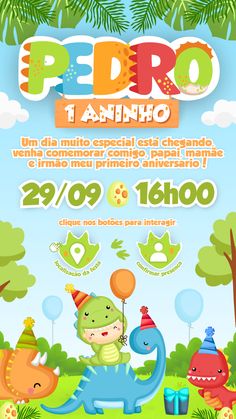 an advertisement for a children's birthday party with dinosaurs in the forest and balloons