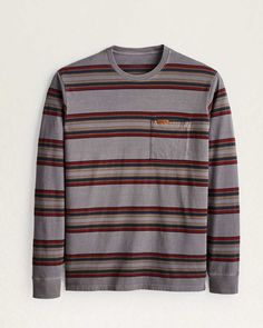 Our hardy combed cotton jersey in an overdyed stripe pattern. One open chest pocket with small leather logo patch. Label-free neck. 100% cotton. Imported . | MEN'S LONG-SLEEVE STRIPED DESCHUTES POCKET TEE Casual Striped Yarn-dyed Tops, Casual Yarn-dyed Striped Tops, Casual Cotton Top With Horizontal Stripes, Casual Striped Tops With Pockets, Casual Yarn-dyed Tops For Fall, Casual Long Sleeve Yarn-dyed Top, Long Sleeve Cotton T-shirt With Horizontal Stripes, Rugged Cotton Everyday Tops, Pocket Tee Shirts