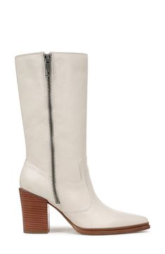 Make bold moves in this block-heel boot crafted from supple leather with a chic pointy toe and a sleek side zipper for easy entry. 2 1/4" heel 9" shaft; 12 1/2" calf circumference Leather upper/synthetic lining and sole Imported High Heel Leather Boots With Side Zipper, Leather High Heel Boots With Side Zipper, Spring Leather Heeled Boots With Zipper, Leather Wide Calf Heeled Boots With Zipper, Spring Leather Moto Boots With Zipper Closure, Leather Moto Boots With Zipper For Spring, Spring Leather Moto Boots With Zipper, White Leather Heeled Boots With Pointed Toe, Spring Leather Knee-high Boots With Zipper