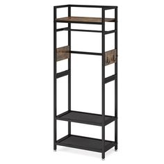 an industrial shelving unit with two shelves and one shelf on the bottom, in black metal