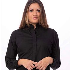 New Without Tags, Black Button Down Collarless Shirt. Size 10 Women’s Great For Gothics Or For A Burial Or Just To Dress Up White Pants. Can Be Worn With A Bright Blazer On Top Too! Remember Black Makes You Look A Bit Skinner Than U Actually Are! Model Pic Is For Reference Purposes Only. Armpit 20” Flat. Black Office Shirt With Button Cuffs, Black Button Cuff Tops For Work, Black Tops With Button Cuffs For Work, Black Workwear Tops With Button Cuffs, Office Black Blouse With Button Cuffs, Fall Black Slim Fit Blouse, Black Slim Fit Blouse For Fall, Black Blouse With Button Cuffs For Work, Slim Fit Black Blouse For Fall