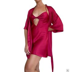 *Refer to Size Chart in Pictures* 100% Radius Model measures 5'8" or 1m77, 36.5" bust, 29" waist, 40" hips ~ Wearing M set Wrap yourself in this elegant-soft silky nightgown and robe set and let the night slip away in comfort & style. The cami nightgown features a cute peekaboo front detail with adjustable crisscross back straps and an open back. The robe features a sewn-in-belt and an inside tie for your convenience. Fitted Summer Night Sets, Fitted Sets For Summer Nights, Spring Nightwear Sets Fitted, Fitted Night Sets For Spring, Loungewear Dresses With Built-in Bra, Fitted Chemise For Summer Pajama Party, Pink Fitted Mini Dress For Night, Silky Nightgown, Nightie Dress