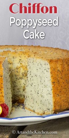 a cake that has been cut into pieces and is sitting on a plate with the words chiffon poppy seed cake