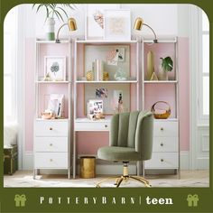 a pink and white room with an office chair, bookshelf, potted plant and pictures on the wall