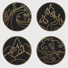 four black and gold circular designs with clouds