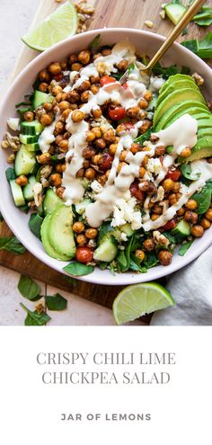 Chili lime chickpea salad in a white bowl. Crispy Chili Lime Chickpea Salad, Lemon Chickpea Salad, Toasted Chickpea Salad, Vegan College Recipes, Vegan Lime Recipes, Chili Lime Vinaigrette Recipe, Crispy Chickpea Salad, Crispy Roasted Chickpeas, Roasted Chickpea Salad