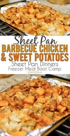 sheet pan barbecue chicken and sweet potato dinner is ready to be served in the oven