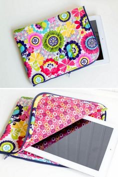 an ipad case made out of colorful fabric