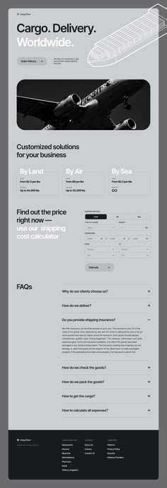 the landing page for cargo delivery with an image of a plane on it's side