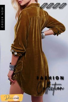 Fashion Casual Solid Split Joint Pocket Turndown Collar Shirt Dress Dresses Velvet Shirt Dress, Velvet Dress Long, Long Sleeve Velvet Dress, Bohemian Style Dresses, Collared Shirt Dress, Velvet Shirt, Womens Vintage Dresses, Gold Velvet, Elegant Dresses For Women