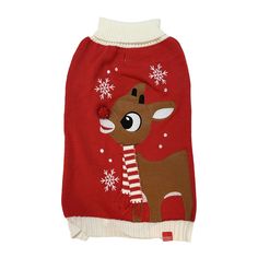 a red sweater with a reindeer on it