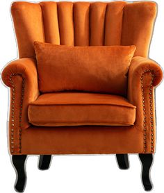 an orange chair with studded legs and a pillow on the armrest is shown