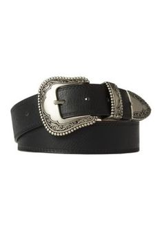 Crafted out of smooth leather, this belt from Vince Camuto boasts a stunning western-style buckle. | Vince Camuto Women's 40 Millimeter Western Buckle Belt, Black, Large Classic Black Concho Belt Buckles, Western Black Belt Buckles For Rodeo, Western Style Black Belt For Western-themed Events, Black Belt With Antique Buckle For Rodeo, Western Style Black Belt For Ranch, Black Adjustable Belt For Rodeo, Adjustable Black Belt For Rodeo, Black Concho Belt Buckles For Ranch, Black Concho Belt Buckles