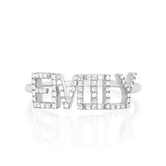 Personalized jewelry is the best way to show self love or love to that special someone. Honor them with sparkle! This custom name ring allows you to choose up to 8 diamond letters to create a custom, one of a kind piece, set in 14k gold. Available in 14k yellow, rose or white gold Diamonds Select the amount of letters you'd like on your ring using the dropdown and write your custom name in the box above By EF Collection Diamond Letters, Push Presents, Name Ring, Name Rings, Anniversary Bands, Yellow Rose, White Gold Diamonds, Personalized Jewelry, Self Love