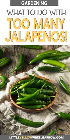 green peppers in a wooden bowl with text overlay that reads gardening what to do with too many jalapenos