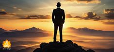 a man standing on top of a mountain with the sun setting in the sky behind him