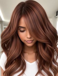 Aubrey Hair Color Brown, Fall Tones Hair, Shoulder Length Red Brown Hair, Chocolate Brown Copper Hair, Cooper Hair Color On Hispanic, From Red To Brown Hair Transition, Strawberry Chocolate Hair, Cooper Brown Hair Color Latina, Chocolate Copper Hair Formula