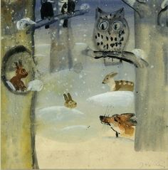 an owl sitting on top of a tree branch next to animals in the snow and birds flying around