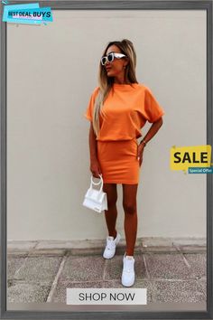 Women's Summer Solid Color Commute Sports Dresses Casual Orange Mini Dress, Sporty Stretch Short Sleeve Dresses, Sporty Stretch Dress With Short Sleeves, Sporty Mini Dress For Spring, Sporty Short Sleeve Stretch Dress, Sporty Knee-length Summer Dress, Sporty Cotton Dress With Short Sleeves, Casual Orange Mini Dress With Short Sleeves, Sporty Cotton Mini Dress