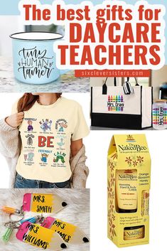 the best gifts for day care teachers are in this postcard collage, including t - shirts