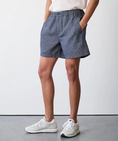 5" Linen Beachcomber Short in Chambray Summer Casual Bottoms For Elevated Casual Look, Casual Summer Bottoms For Elevated Casual Look, Casual Shorts With Adjustable Waist, Summer Beach Shorts With Pull-on Style, Casual Linen Bottoms With Short Inseam, Casual Linen Shorts With Short Inseam, Casual Shorts With Adjustable Waist For Spring, Sporty Shorts With Adjustable Waist For Spring, Summer Cotton Shorts With Adjustable Waist