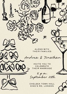 an image of a wedding card with wine glasses and flowers on it's side