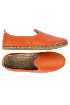 Casual Orange Leather Shoes, Outdoor Leather Slip-on Shoes With Leather Sole, Leather Closed Toe Outdoor Loafers, Outdoor Leather Loafers With Stitched Sole, Leather Slip-ons With Stitched Sole And Flat Heel, Casual Flat Leather Shoes With Leather Lining, Leather Closed Toe Slip-ons For Outdoor, Comfortable Leather Slip-ons With Stitched Sole, Leather Closed Toe Slip-ons With Stitched Sole