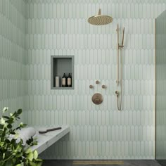 a bathroom with green walls and tile flooring, including a walk - in shower