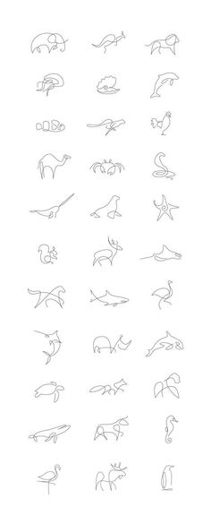 an image of different types of animals in line on a white paper with black ink