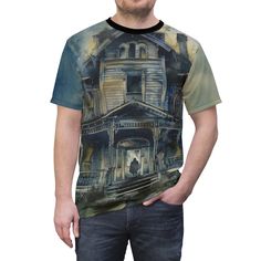 Watercolor Haunted House Shirt🦇🌑 Calling all lovers and fans of the dark and mystical! The Watercolor Haunted House Shirt is here to add a touch of eerie elegance to your wardrobe. Featuring a hauntingly eerie image of a creepy house with a dark stranger at the door looking to gain access, this shirt is perfect for those who revel in the shadows.   Product Highlights: ✨ Enigmatic Design: The detailed print showcases an image of a creepy house with a dark stranger at the door looking to gain ac Halloween All Over Print Short Sleeve T-shirt, Halloween Themed Short Sleeve T-shirt With All Over Print, Horror Crew Neck Top With Sublimation Print, Horror Graphic Print Short Sleeve Shirt, Halloween Kunst, Creepy Houses, Halloween Gothic, Gothic Gifts, All Over Print Shirt