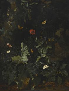 an image of a painting with flowers and butterflies in the dark night sky by itself