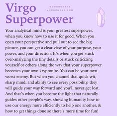 a poem written in purple with the words virgo super power on it and an image of