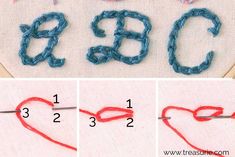 four pictures showing how to make the letters in crochet and then stitch together