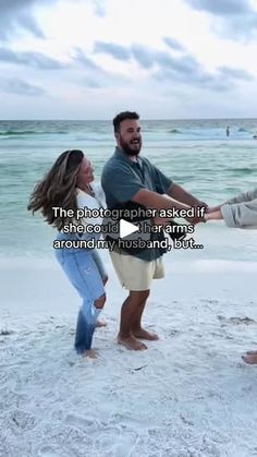 a man and two women holding hands on the beach