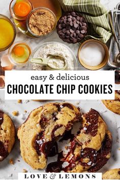 chocolate chip cookies with the words easy and delicious on it, surrounded by other desserts