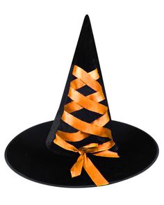 This pointy black velour hat with jaunty orange ribbon corset lace-up matches perfectly with many of our tops & dresses! Complete your outfit with a pair of striped tights and you'll be ready to mix potions, cast spells, and fly off on your broom, knowing that you're the sexist sorceress in all the land! Fabric: black velour (100% polyester)scarlet red satin ribbon lace-up One size fits all Imported Fitted Witchy Hat For Halloween, Black Hat For Costume Party In Fall, Fitted Black Witchy Hat, Black Fitted Witchy Hat, Fitted Hat For Fall Costume Party, Gothic Black Hat For Fall, Fitted Black Costume Hats And Headpieces For Fall, Fitted Black Costume Hats For Fall, Fall Party Witchy Costume Hats And Headpieces