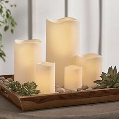 several lit candles sit on a tray with rocks and succulents around it