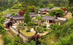 an aerial view of a small village in the woods with many trees and bushes around it