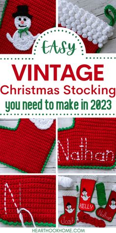 crochet christmas stocking with the words easy vintage on it and an image of santa