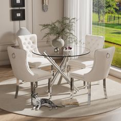 a glass table with white chairs and a cat laying on the floor in front of it