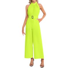 Neon Green Halter Neck Buckle Belted Jumpsuit - Objet D'Art Night Out Belted Jumpsuits And Rompers, Chic Belted Green Jumpsuits And Rompers, Chic Green Belted Jumpsuits And Rompers, Chic Belted Jumpsuits And Rompers For Spring, Sleeveless Belted Jumpsuits And Rompers, Green Belted Jumpsuits And Rompers For Summer, Spring Party Belted Jumpsuits And Rompers, Summer Green Belted Jumpsuits And Rompers, Green Belted Jumpsuits And Rompers For Work