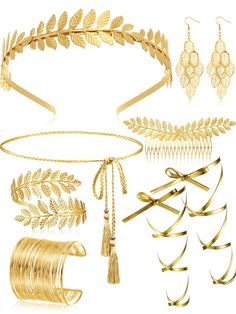 PRICES MAY VARY. Charming Styles: the Greek jewelry for women is featured with laurel leaves shape, beautiful and stunning, easy to match well with Greek style clothing; The gold waist belt and leg wraps can match your robe and shoes, to show your elegance and beauty at parties Dazzling for Various Parties: the Greek dress accessories for women are applicable for your weddings, Halloween parties, birthdays, cosplay, stage shows, raves, dance parties, bachelorette parties and more, to create a ch Greek Costume Jewelry, White And Gold Warrior Dress, Golden Vine Crown, Bridesmaid Leaf Crown, Godess Costume Accessories, Gold Dress Assesories, Greek Leaves Headband, Greek God Skirt, Gold Sun And Moon Dress