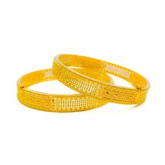 This exquisite pair of 22k gold bangles, with a total weight of 34.2 grams, features an elegant alternating design that exudes sophistication and charm. The yellow gold finish enhances their luxurious appeal, making them perfect for any special occasion. Each bangle has a size of 2.6 and an opening diameter of 2.35 inches, offering both style and comfort. These bangles are openable, designed with a screw and hinge for added convenience. Ideal for those who appreciate high-quality craftsmanship and timeless beauty, these elegant gold bangles are a cherished addition to any jewelry collection. PRODUCT DETAILS Gold Purity(karat): 22k Gold Weight(grams): 34.2 Item Finish: Yellow Gold Bangle Size: 2.6 Bangle Opening(diameter): 2.35" Openable: Yes, Screw w/ Hinge Number Of Pieces: 2 Bangles Luxury Bangle For Formal Festive Occasions, Luxury Formal Bangle For Festive Occasions, Formal Festive Gold Bangle, Gold Bangle For Formal Festive Occasions, 22k Gold Round Bangle For Formal Occasions, Traditional Yellow Bracelets For Formal Occasion, Gold Openable Bracelet For Formal Occasions, 22k Gold Bracelets For Formal Festive Occasions, 22k Gold Bracelets For Formal Festive Events