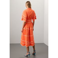 Orange (53% Cotton, 43% Viscose, 4% Elastane). Casual Dresses. Collared. Cap Sleeve. Front button closure. Shoulder to hemline length: 49.5". Imported. Orange Lined Midi Dress, Formal Orange Ruffled Dresses, Formal Orange Dress With Ruffles, Formal Orange Dresses With Ruffles, Chic Orange Lined Midi Dress, Elegant Orange Midi Dress With Short Sleeves, Elegant Orange Short Sleeve Midi Dress, Fitted Spring Shirt Dress With Ruffles, Fitted Ruffled Shirt Dress For Spring