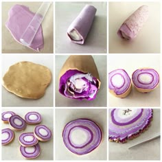 several pictures of different types of food being made with purple icing and other things