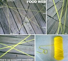 four different pictures showing the process of making a wooden floor with yellow yarn and scissors